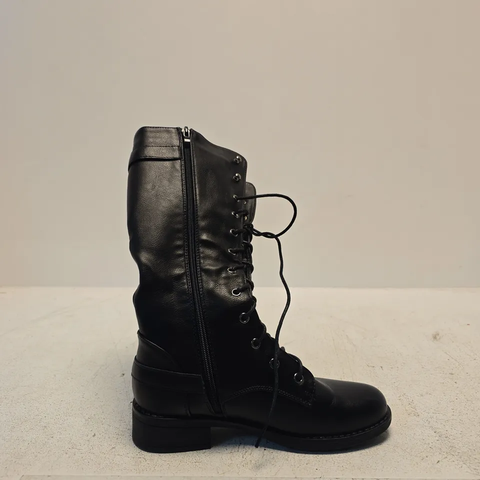 AJVANI BLACK LEATHER COMBAT BOOTS – MID-CALF, LACE-UP WITH SIDE ZIP SIZE 38