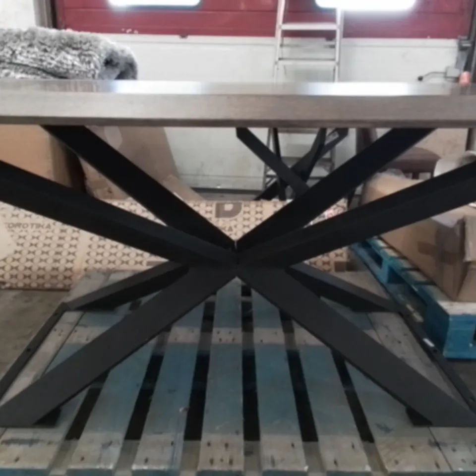 LARGE WOODEN RECTANGULAR DINING TABLE ON BLACK METAL BASE