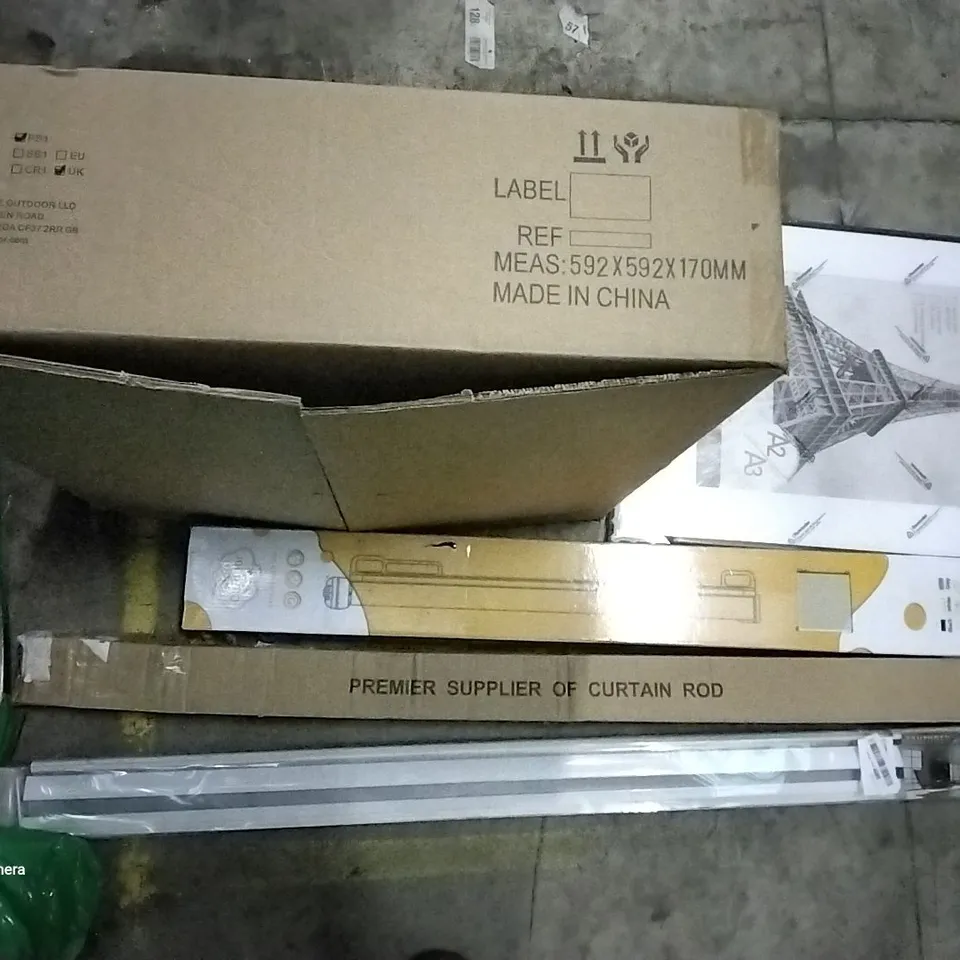 PALLET OF ASSORTED ITEMS INCLUDING ROTISSERIE RING KIT, INDOR OUTDOOR GATE, CURTAIN ROD, ROLLER BLIND, A2/A3 PICTURE FRAME