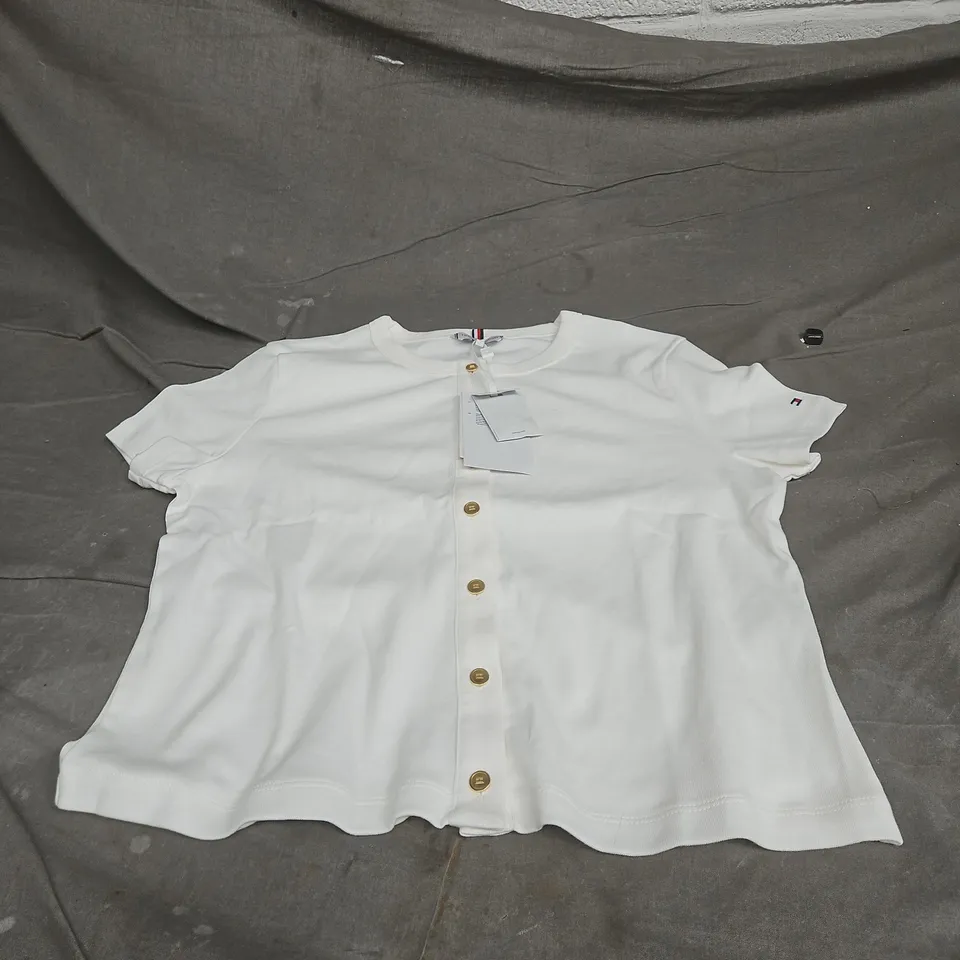 TOMMY HILFIGER WOMENS MEDIUM WHITE T SHIRT WITH GOLD BUTTONS TAGGED