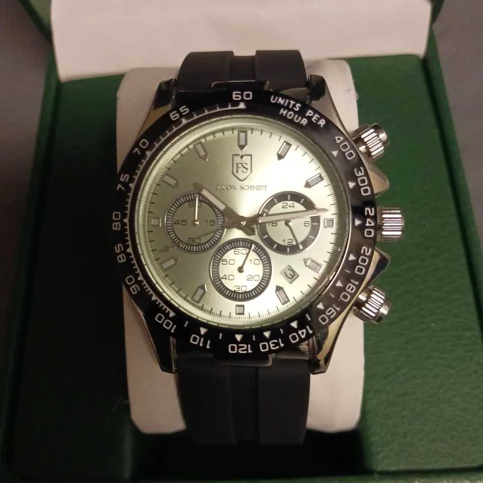 FRANK SCMIDT GENTS CHRONOGRAPH WATCH WITH STAINLESS STEEL BACK AND BLACK RUBBER STRAP IN BOX