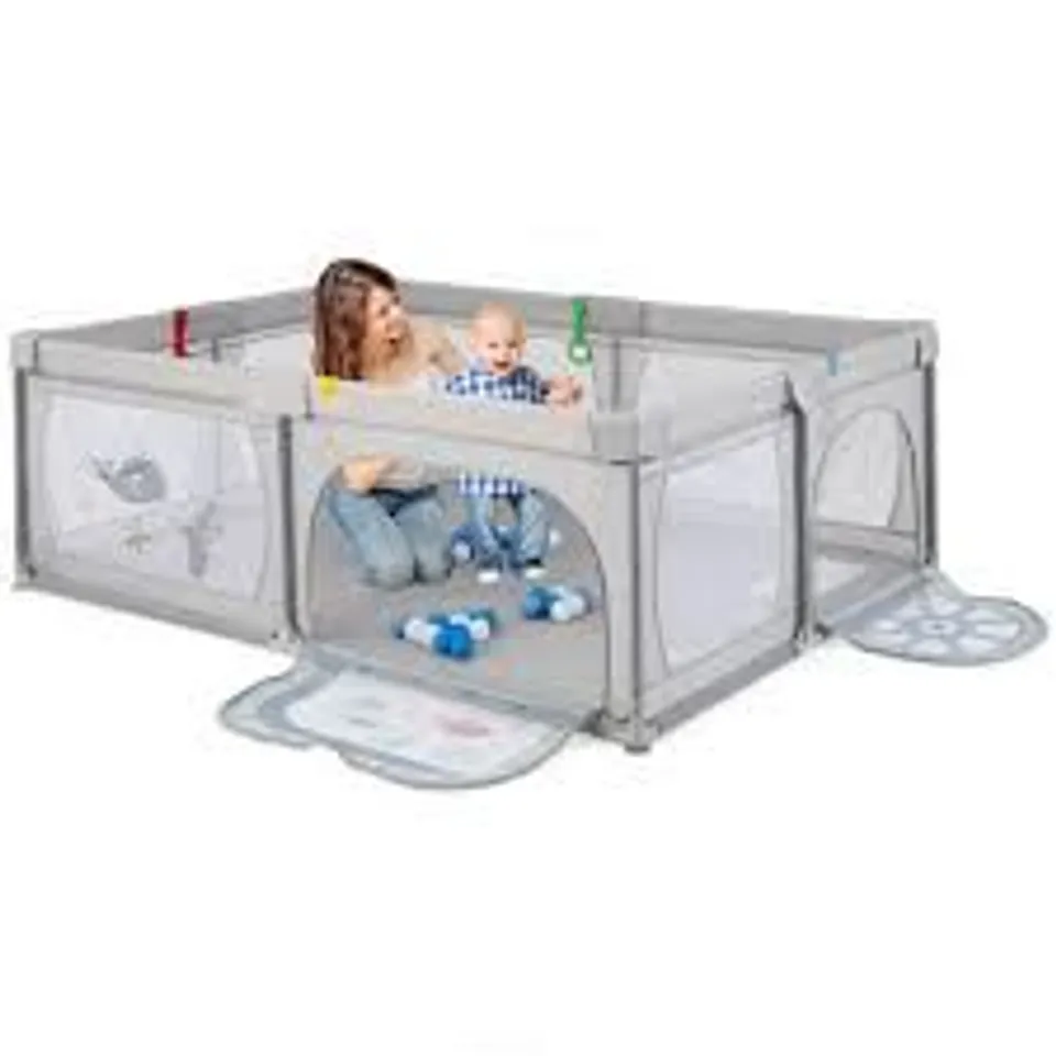 BOXED COSTWAY BABY PLAYPEN WITH 50 BALLS & 2 DOORS, BREATHABLE NET & ZIPPER - GREY-FISH