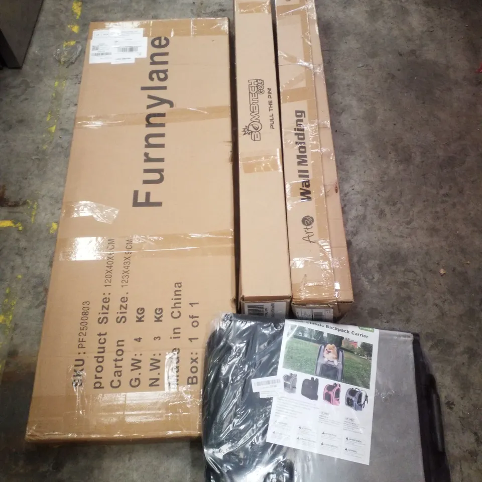 PALLET CONTAINING ASSORTED PRODUCTS INCLUDING PET CARRIER BACKPACK, WALL MOLDING, GOLF IRONS SET & 3 PANEL ROOM DIVIDER