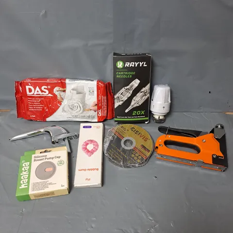 APPROXIMATELY 15 ASSORTED HOUSEHOLD ITEMS TO INCLUDE STAPLE GUN, RADIATOR VALVE, MODELLING CLAY ETC 