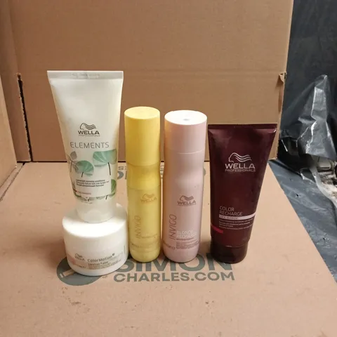 BOX OF APPROXIMATELY 14 WELLA HAIRCARE PRODUCTS TO INCLUDE ELEMENTS LIGHTWEIGHT RENEWING CONDITIONER, COLOUR MOTION STRUCTURE MASK AND COLOR RECHARGE COOL BLONDE CONDITIONER