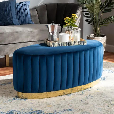 BOXED MELKE 104cm OVAL FOOTSTOOL - NAVY BLUE VELVET (1 BOX)