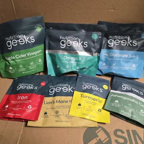 APPROXIMATELY 15 NUTRITION GEEKS PRODUCTS TO INCLUDE TURMERIC, OMEGA 3, APPLE CIDER VINEGAR+, ETC