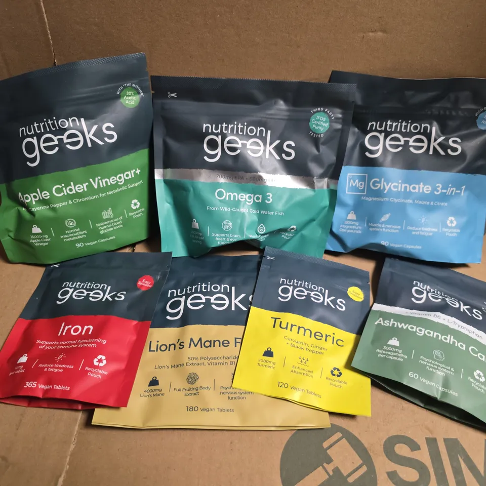 APPROXIMATELY 15 NUTRITION GEEKS PRODUCTS TO INCLUDE TURMERIC, OMEGA 3, APPLE CIDER VINEGAR+, ETC