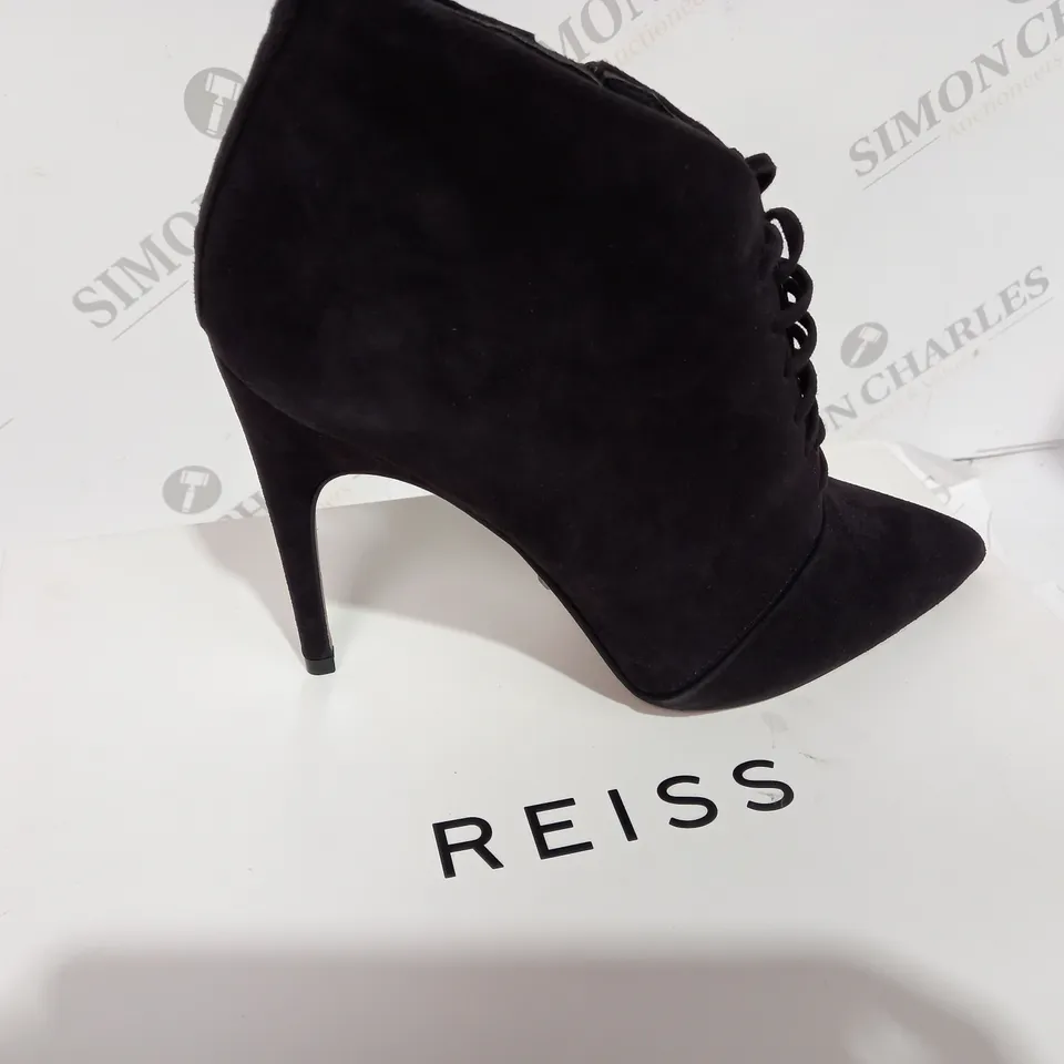 BOXED REISS SUEDE CHOCOLATE BOOT HEELS - SIZE 5