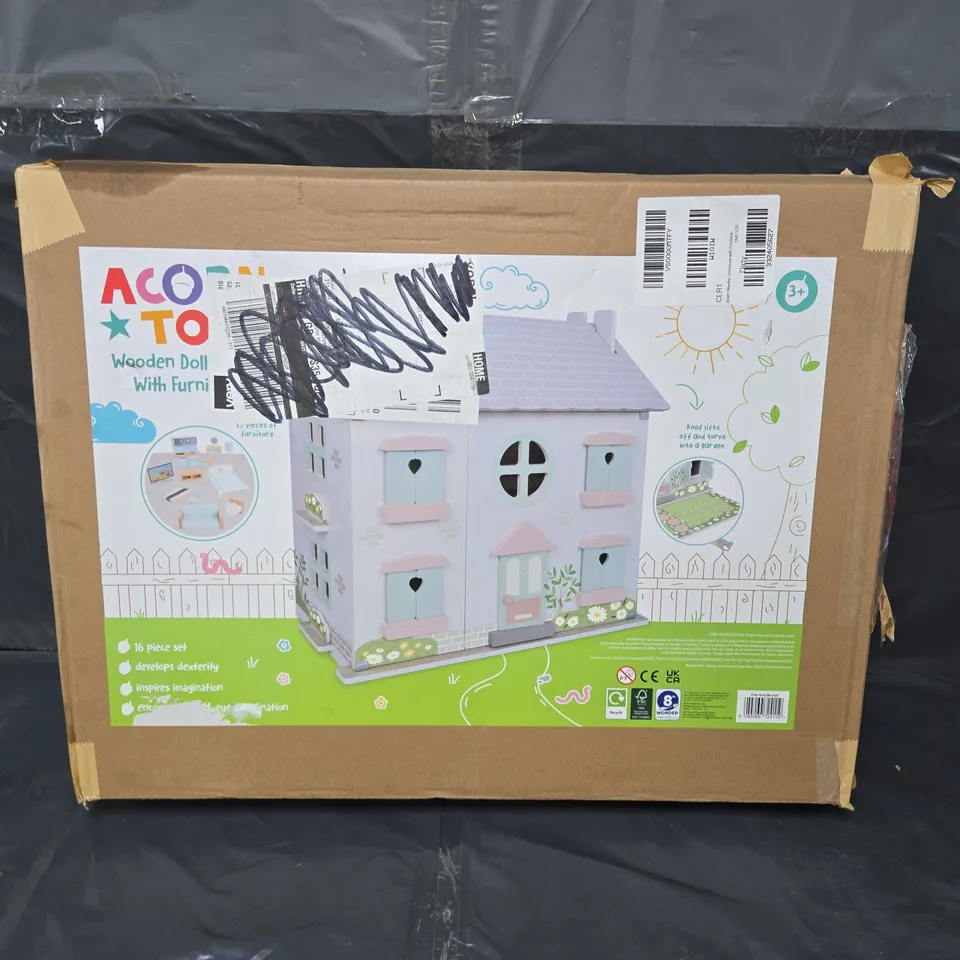 BOXED ACORN WOODEN DOLLHOUSE WITH FURNITURE
