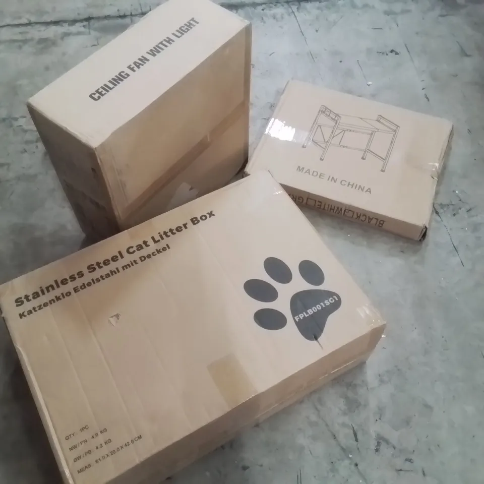 PALLET OF ASSORTED HOUSEHOLD GOODS AND PRODUCTS TO INCLUDE;CAT LITTER BOX, CEILING FAN WITH LIGHT, MICROWAVE OVEN SHELF AND OTHER ASSORTED ITEMS...