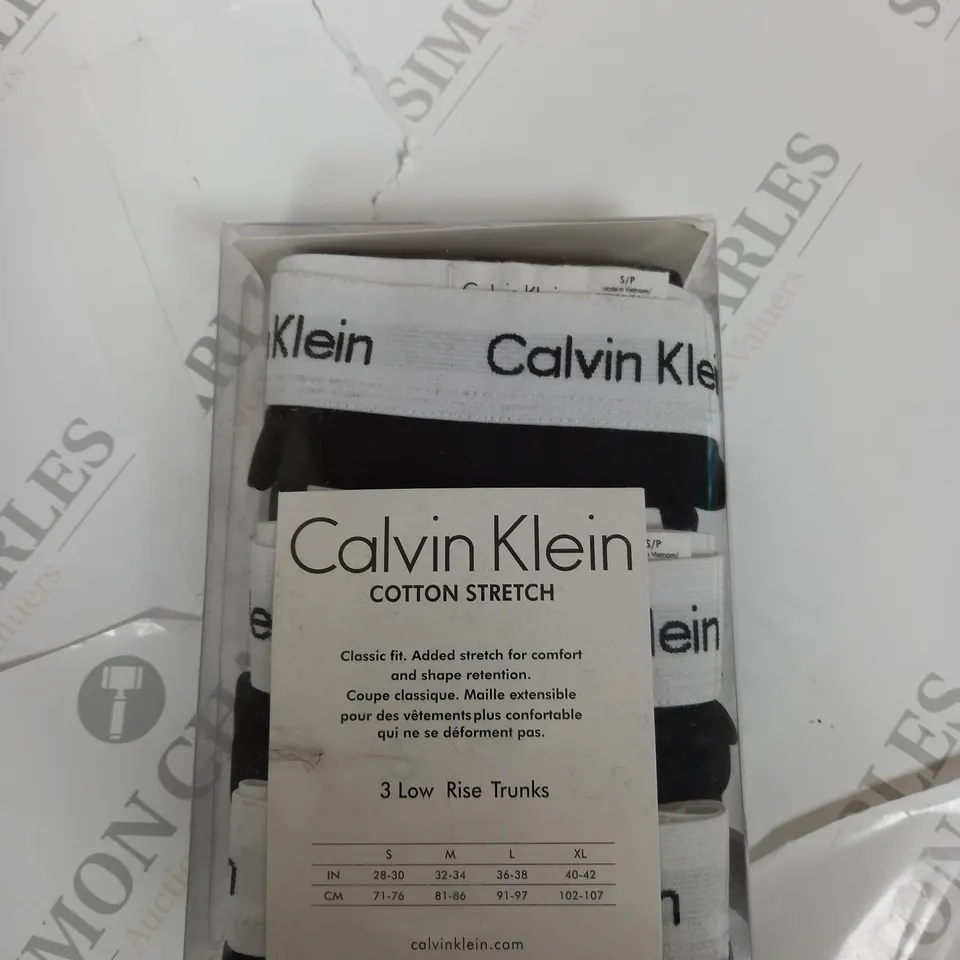 SET OF 3 BOXED CALVIN KLEIN COTTON STRETCH LOW RISE TRUNKS - BLACK WITH WHITE BAND - SMALL