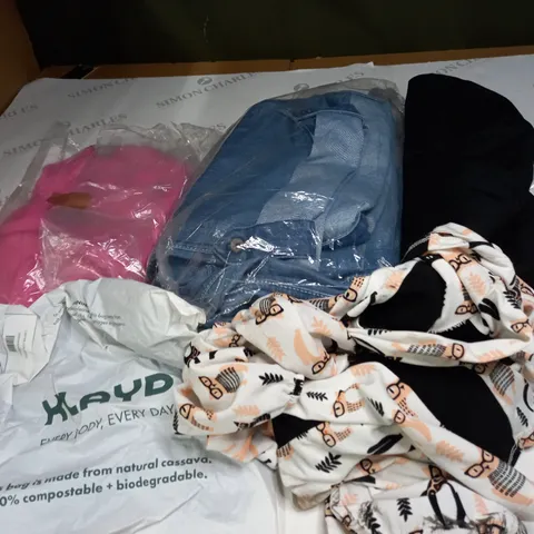 BOX OF ASSORTED CLOTHING ITEMS TOO INCLUDE JUMPERS, SHIRTS AND TROUSERS IN VARIOUS SIZES AND COLOURS   