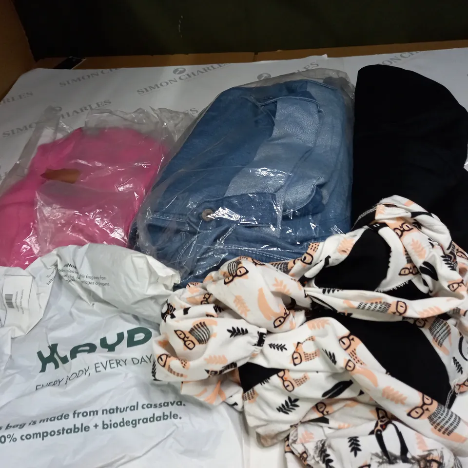 BOX OF ASSORTED CLOTHING ITEMS TOO INCLUDE JUMPERS, SHIRTS AND TROUSERS IN VARIOUS SIZES AND COLOURS   
