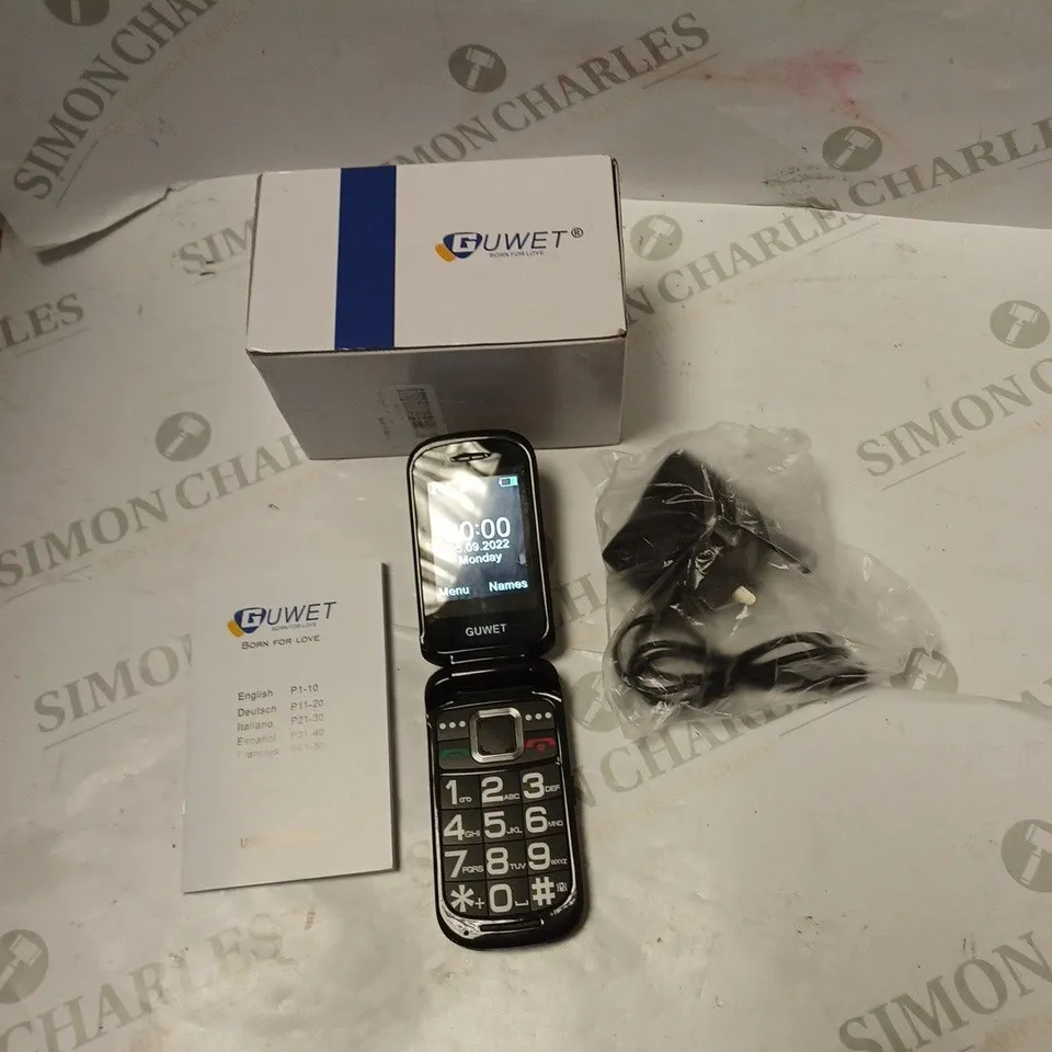BOXED GUWET FLIP-PHONE FOR SENIORS - MODEL G936 - WITH BATTERY, CHARGER, AND INSTRUCTIONS