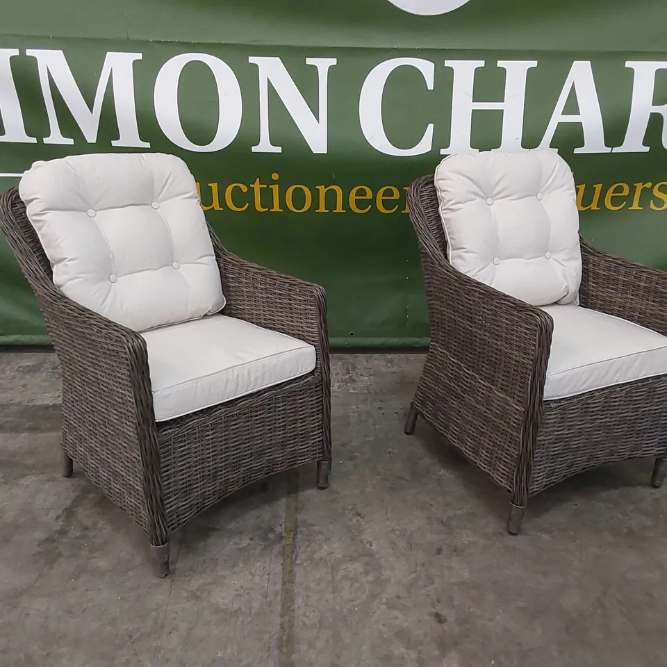 BOXED PRIMROSE LIVING GARDEN AND PATIO ROUNDED-BACK DINING CHAIRS IN GREY WITH CUSHIONS - SET OF 2 