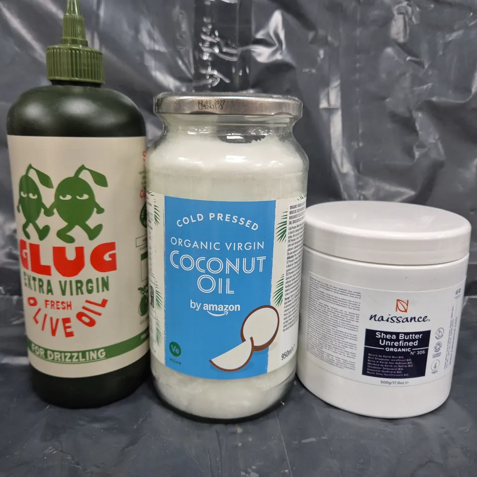 APPROXIMATELY 8 ASSORTED FOOD ITEMS TO INCLUDE SHEA BUTTER, COCONUT OIL, OLIVE OIL