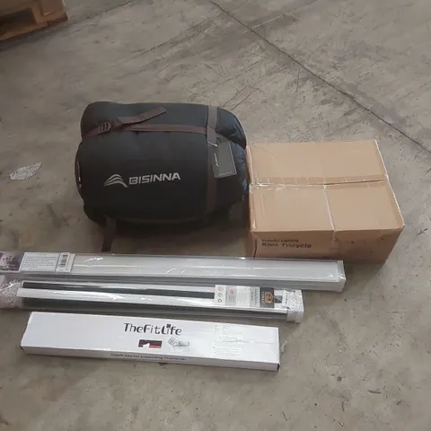 PALLET CONTAINING A LARGE QUANTITY OF ASSORTED ITEMS INCLUDING: HIKING STICK, BISINNA XL SLEEPING BAG, KIDS TRICYCLE, BLINDS, FULL-LENGTH MIRROR ECT