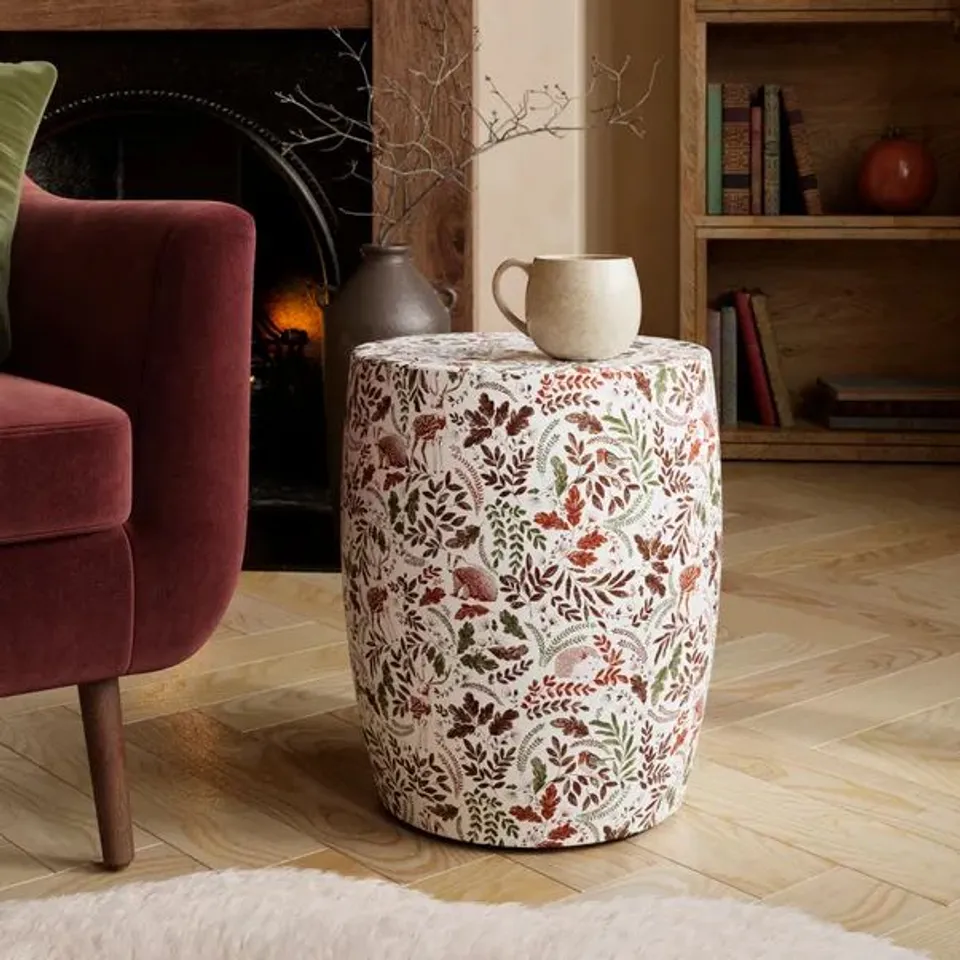 BOXED METAL DRUM WOODLAND ANIMALS SIDE TABLE (1 BOX)