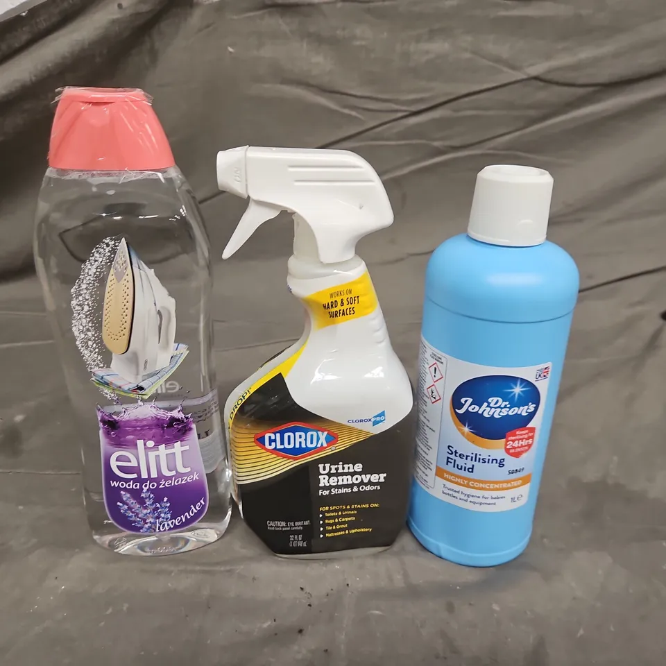 TOTE OF APPROX 8 ASSORTED HOUEHOLD ITEMS TO INCLUDE ELITT IRONING WATER, CLOROX URINE REMOVER SPRAY & DR. JOHNSON'S STERILISING FLUID - COLLECTION ONLY