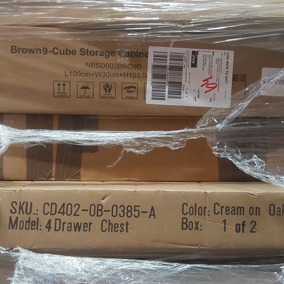 PALLET CONTAINING VARIOUS ASSORTED ITEMS TO INCLUDE: STORAGE CABINET, FURNITURE PARTS, DELUXE MIX FAT BALLS (BIRD FOOD) ECT