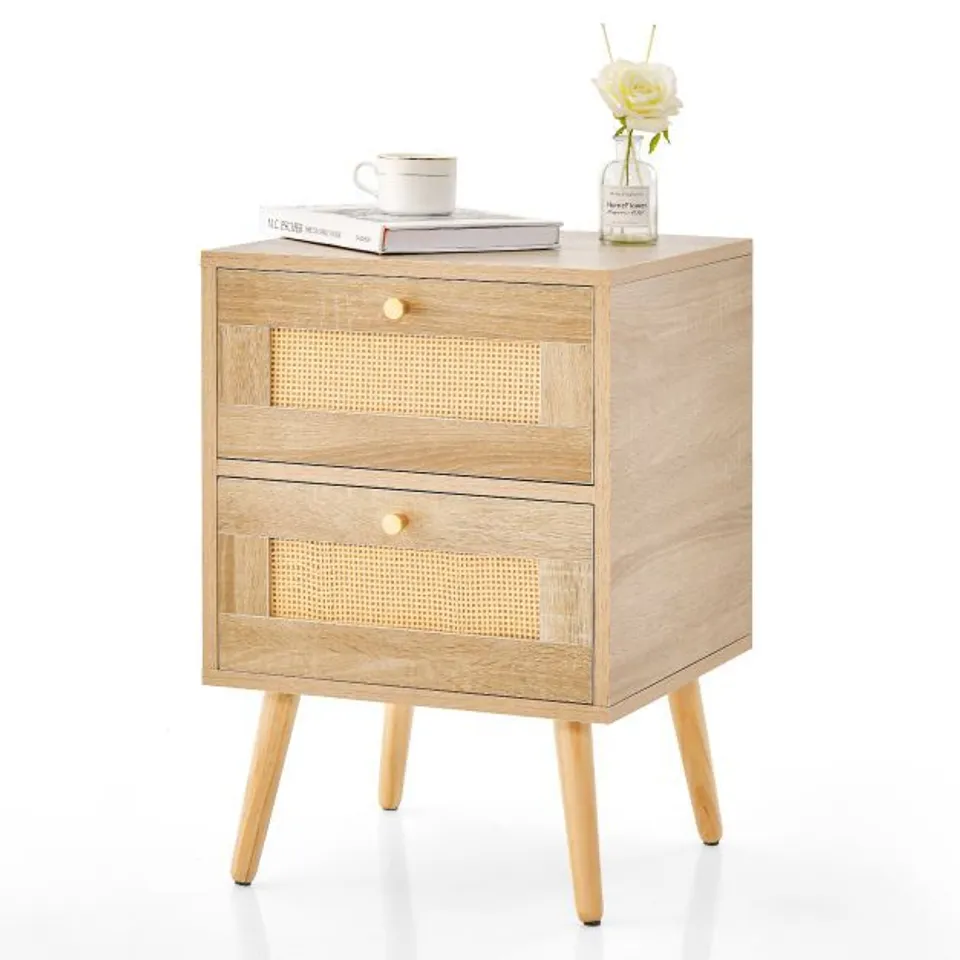 BOXED SET OF 2 COSTWAY RATTAN BOHO ACCENT BEDSIDE TABLE NIGHTSTAND WITH 2 STORAGE DRAWERS - NATURAL