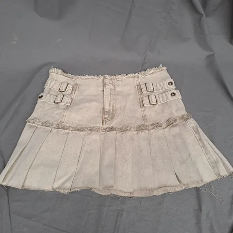 RECLAIMED VINTAGE LIMITED EDITION DISTRESSED DENIM KILT SKIRT IN SAND SIZE 12