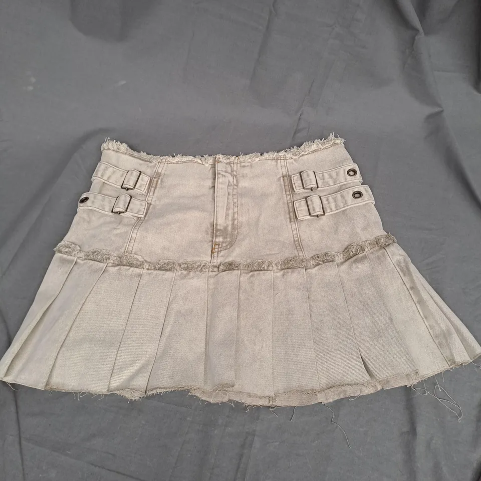 RECLAIMED VINTAGE LIMITED EDITION DISTRESSED DENIM KILT SKIRT IN SAND SIZE 12