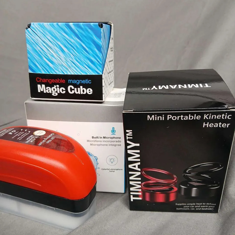 BOX OF ASSORTED ITEMS TO INCLUDE - TIMNAMY - MAGIC CUBE - SPEAKERS 