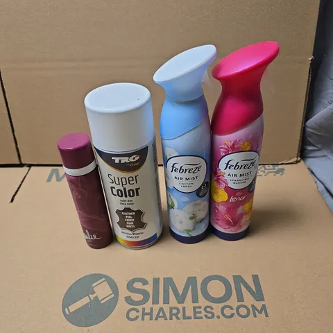 TOTE OF APPROXIMATELY 20 ASSORTED AEROSOL PRODUCTS TO INCLUDE FEBREZE, TRG THE ONE SUPER COLOR DYE, CHARLIE TOUCH BODY FRAGRANCE ETC