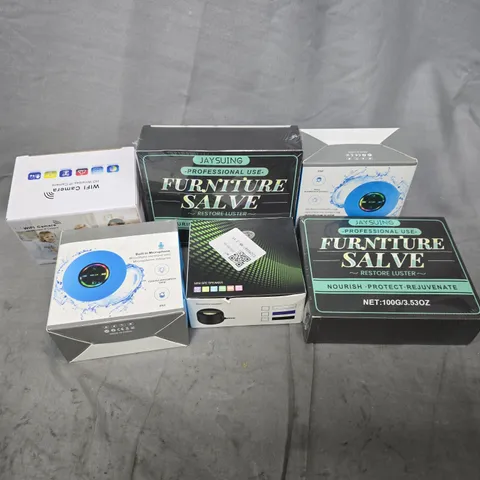 APPROXIMATELY 12 ASSORTED HOUSEHOLD ITEMS TO INCLUDE FURNITURE SALVE, WIFI CAMERA, SPLASHPROOF SPEAKER, ETC