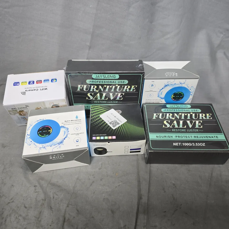 APPROXIMATELY 12 ASSORTED HOUSEHOLD ITEMS TO INCLUDE FURNITURE SALVE, WIFI CAMERA, SPLASHPROOF SPEAKER, ETC