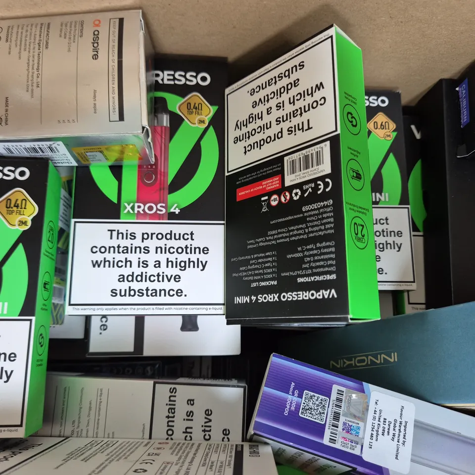 BOX OF APPROXIMATELY 20 ASSORTED VAPING ITEMS AND PRODUCTS TO INCLUDE VAPORESSO, ASPIRE, ETC