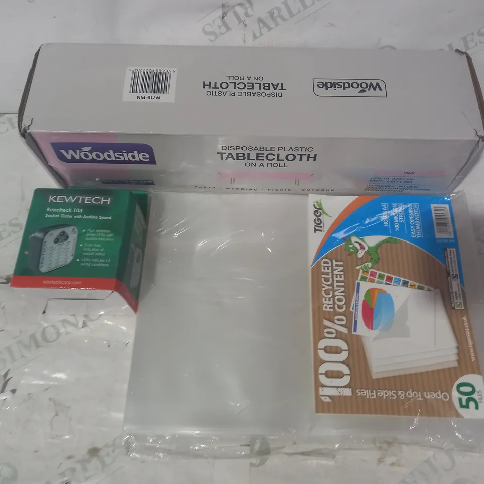 BOX OF APPROXIMATELY 10 ASSORTED HOUSEHOLD ITEMS TO INCLUDE OPEN TOP & SIDE FILES, KEWTECH SOCKET TESTER, WOODSIDE DISPOSABLE PLASTIC TABLECLOTH ON A ROLL, ETC