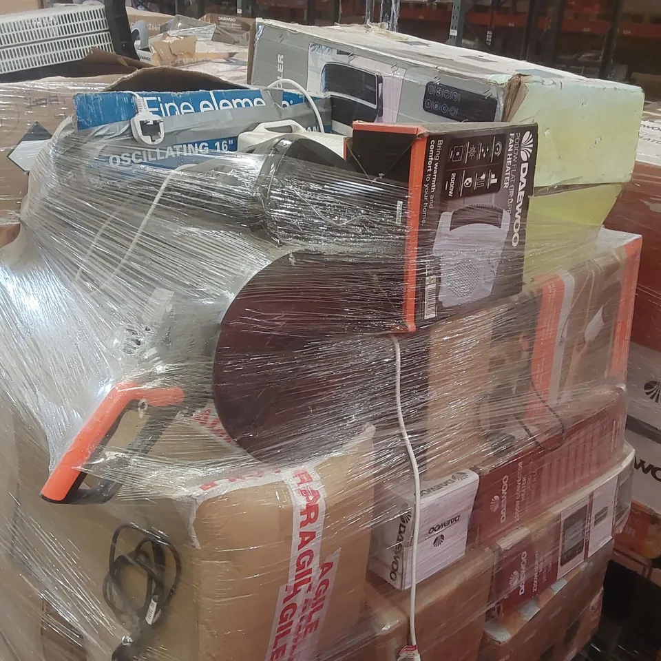 PALLET CONTAINING A VERY LARGE QUANTITY OF ASSORTED ELECTRIC ITEMS INCLUDING: DAEWOO DEHUMIDIFIER, CONVECTOR HEATERS, FAN HEATER ECT