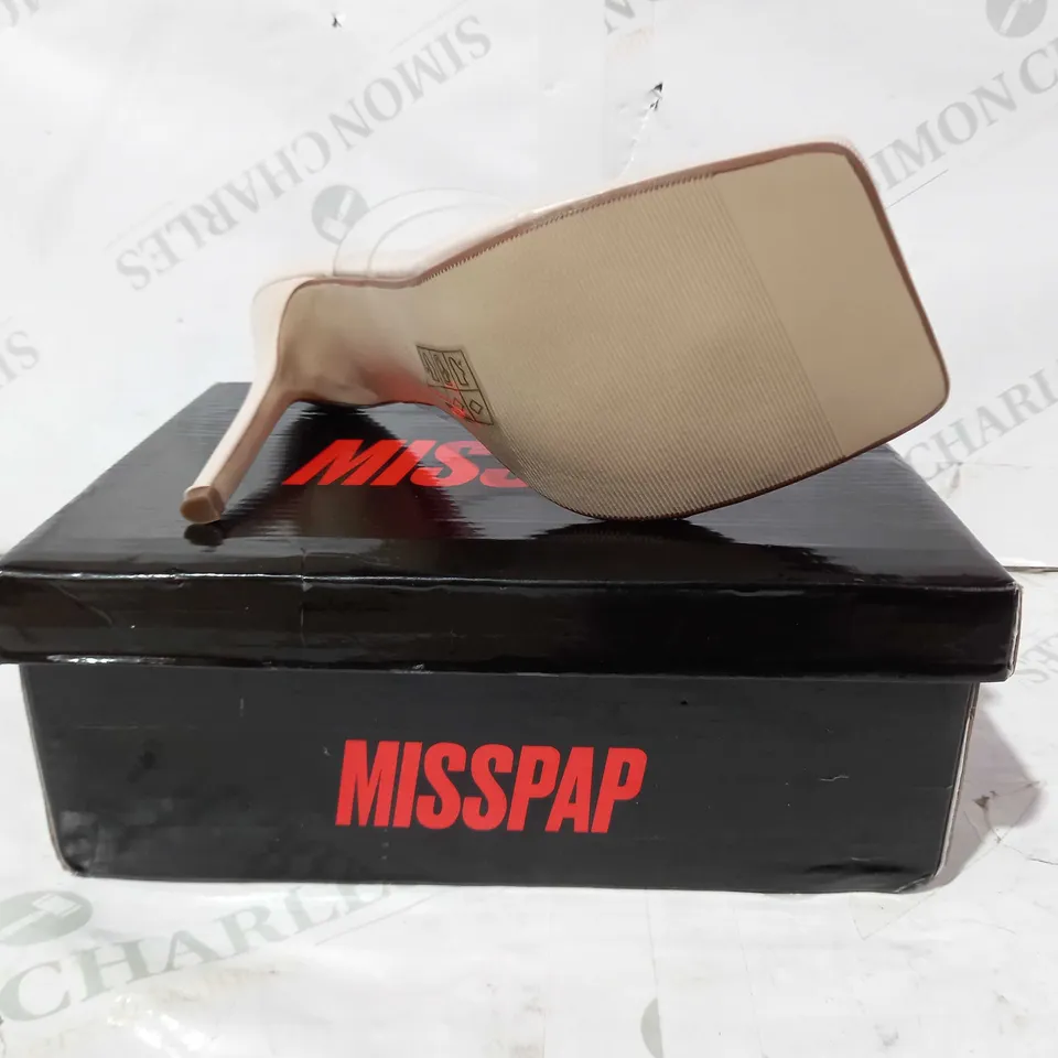 BOXED PAIR OF MISSAP CLEAR STRAP HEELED SANDALS IN NUDE UK SIZE 5