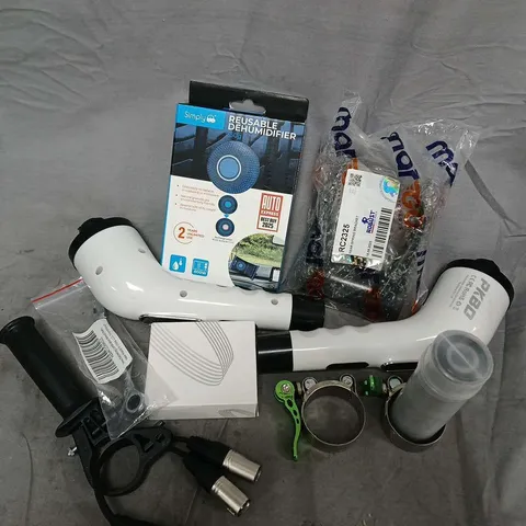 APPROXIMATELY 12 ASSORTED VEHICLE PARTS & ACCESORIES TO INCLUDE REUSABLE DEHUMIDIFIER, REAR SPRING BRACKET, POLISH GUN, ETC
