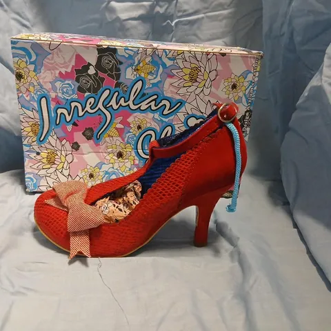 BOXED IRREGULAR CHOICE BLOXY RED MESH HIGH HEELS WITH BOW, UK 8