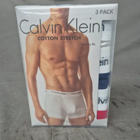 UK SIZE L CALVIN KLEIN COTTON STRETCH TRUNKS β 3 PACK (WHITE, NAVY & RED)