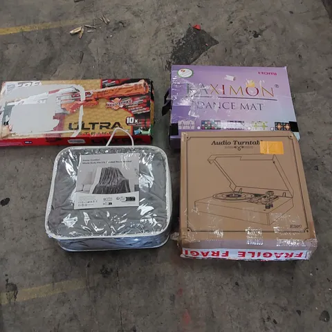 PALLET TO CONTAIN ASSORTED HOUSEHOLD ITEMS AND CONSUMER PRODUCTS. INCLUDING ELECTRICAL TRICKS HEATEDTHROW BLANKET, NERVE GUN, DANCE MAT, TURNTABLE, BAT STOOL ETC