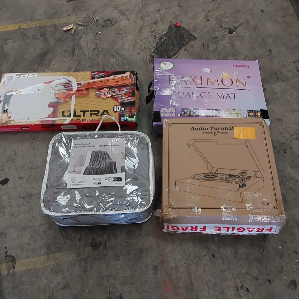 PALLET TO CONTAIN ASSORTED HOUSEHOLD ITEMS AND CONSUMER PRODUCTS. INCLUDING ELECTRICAL TRICKS HEATEDTHROW BLANKET, NERVE GUN, DANCE MAT, TURNTABLE, BAT STOOL ETC 
