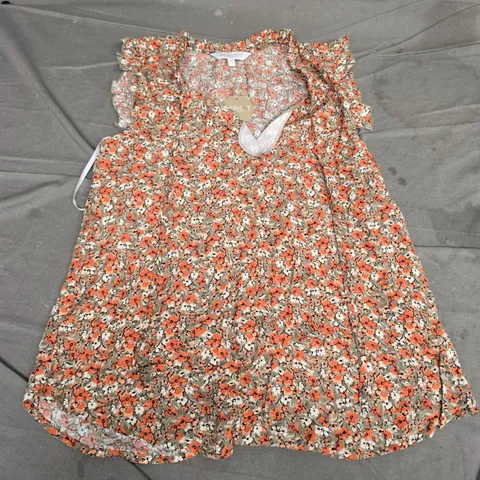 APRICOT DITSY RUFFLE SLEEVE TIE NECK TOP – FLORAL ORANGE (UK 12 / EUR M / US M)
