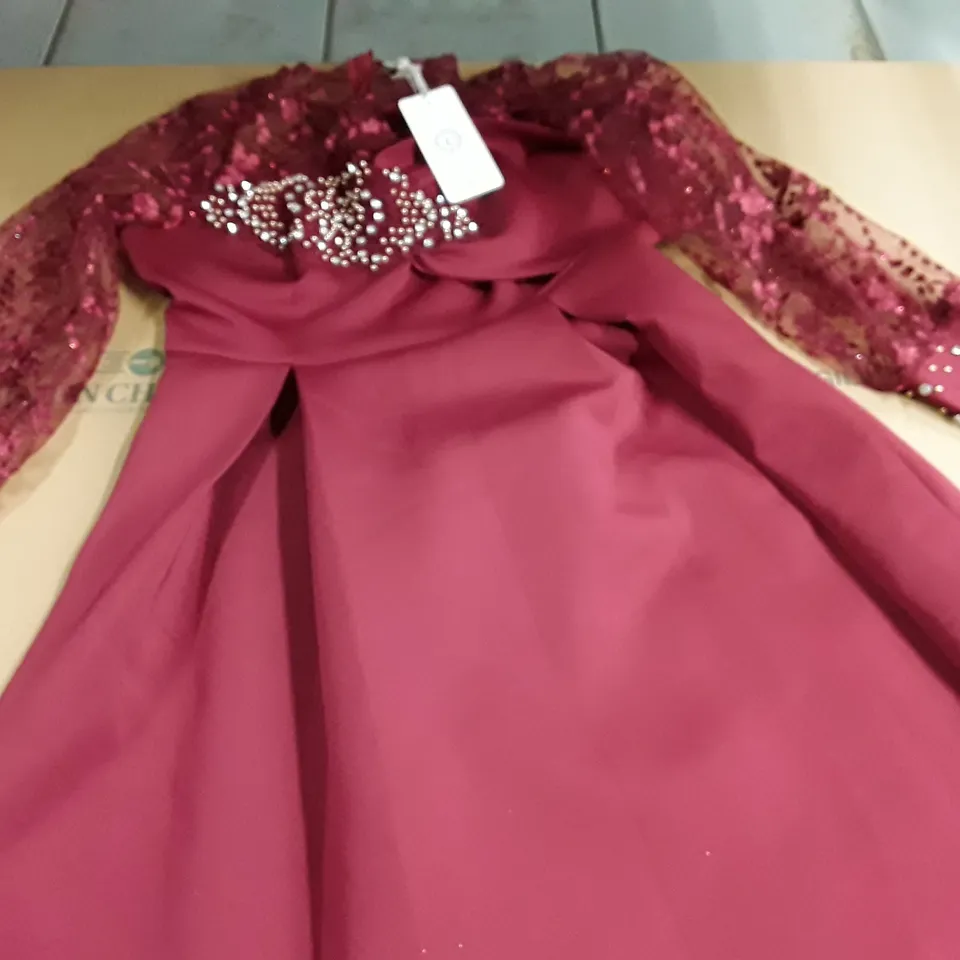 LORENZA RED EMBELLISHED DRESS WITH NET SLEEVES - 44