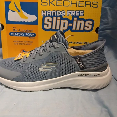 SKECHERS SLIP-INS MEMORY FOAM TRAINERS – MEN'S GREY/BLUE, UK 10 (EU 45) – BOXED