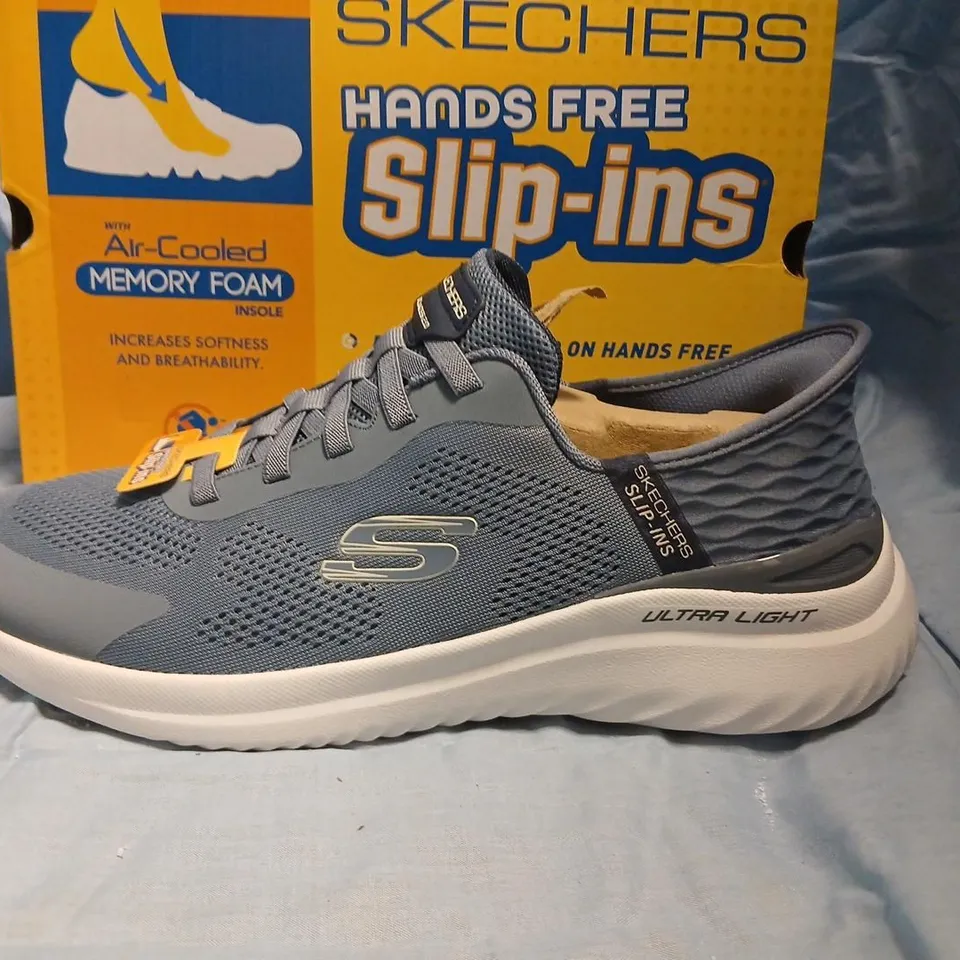 SKECHERS SLIP-INS MEMORY FOAM TRAINERS – MEN'S GREY/BLUE, UK 10 (EU 45) – BOXED