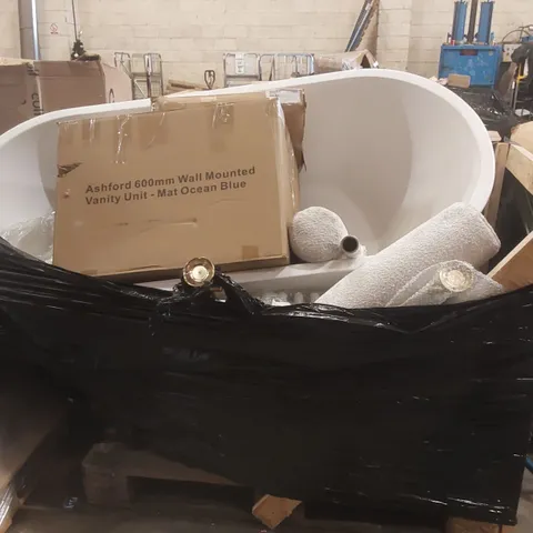 PALLET CONTAINING A LARGE QUANTITY OF ASSORTED FURNITURE ITEMS INCLUDING: BATHTUB, WALL MOUNTED VANITY BASE, RADIATOR ECT