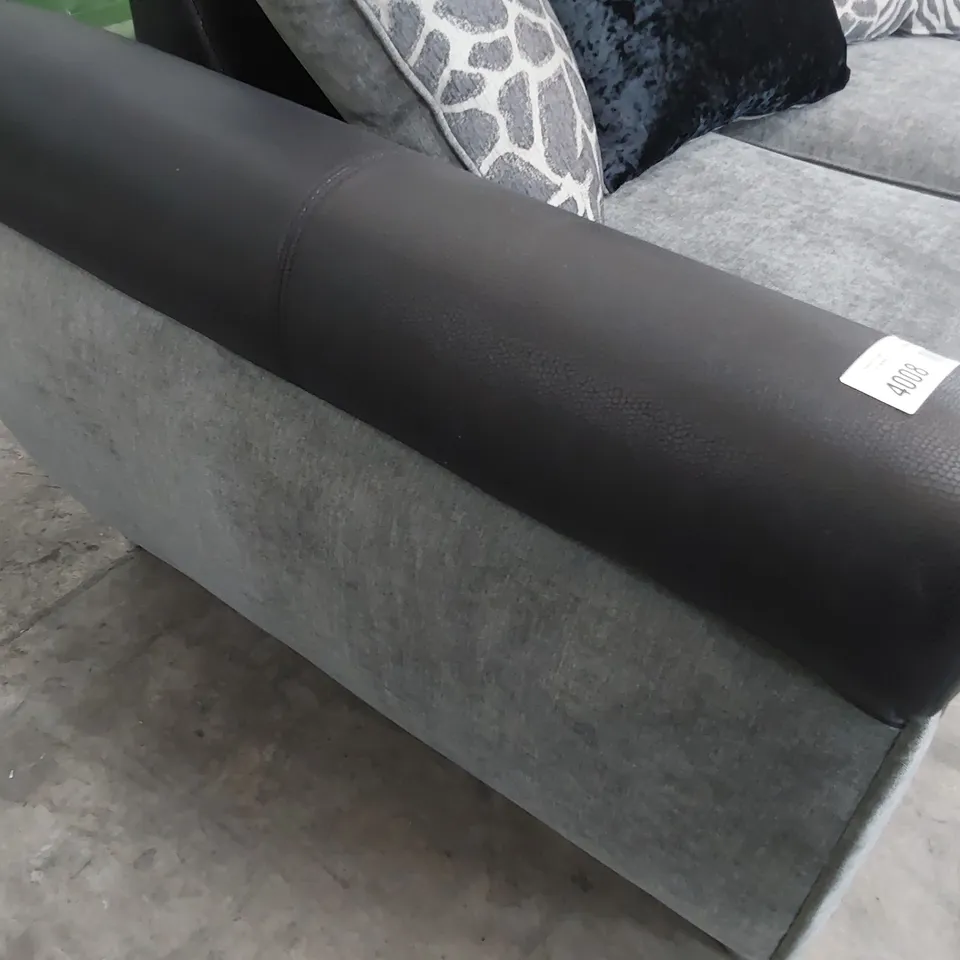 DESIGNER TWO SEATER SOFA WITH SCATTER CUSHIONS BLACK FAUX LEATHER & GREY FABRIC