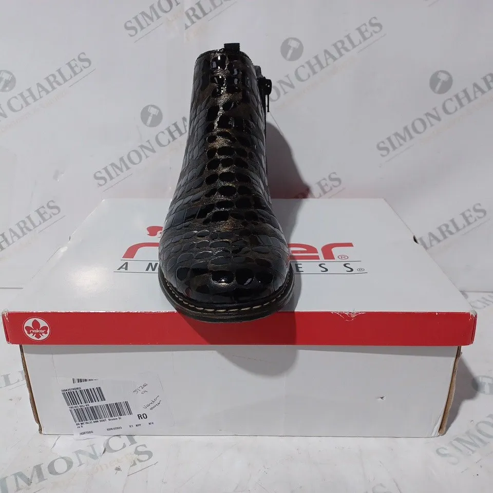 BOXED PAIR OF RIEKER METALLIC ANKLE BOOTS, BRONZE - SIZE 8