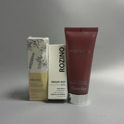 APPROXIMATELY 10 ASSORTED HEALTH AND BEAUTY PRODUCTS TO INCLUDE EELHOE HAIR GROWTH OIL, ROZINO SALICYLIC ACID FACE SERUM, CALVIN KLEIN EUPHORIA SENSUAL SKIN LOTION