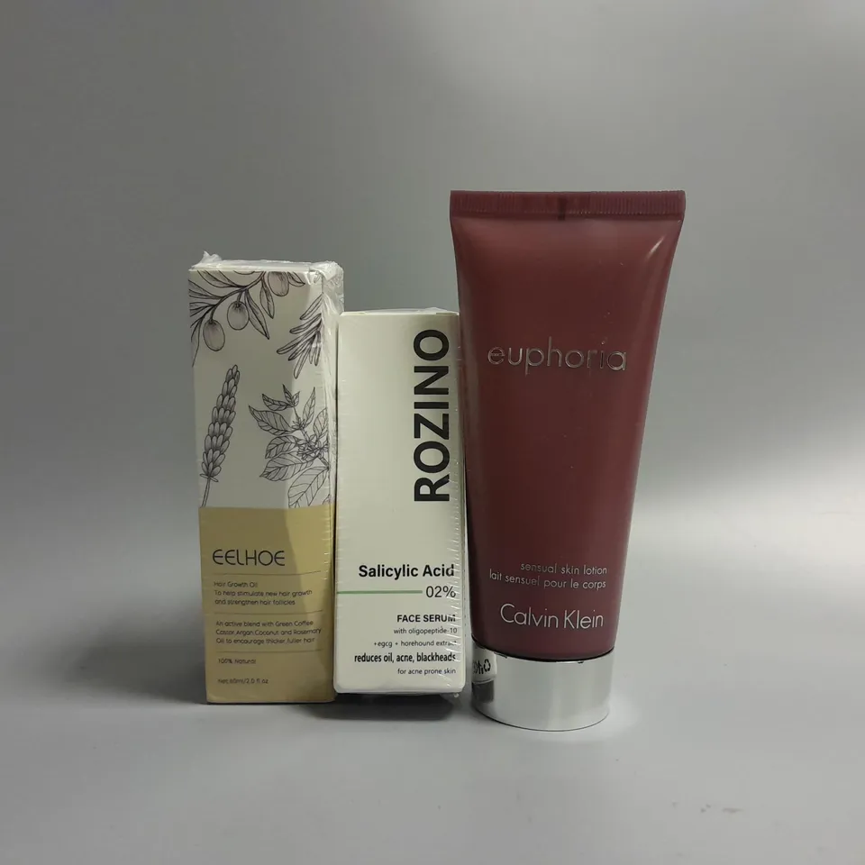 APPROXIMATELY 10 ASSORTED HEALTH AND BEAUTY PRODUCTS TO INCLUDE EELHOE HAIR GROWTH OIL, ROZINO SALICYLIC ACID FACE SERUM, CALVIN KLEIN EUPHORIA SENSUAL SKIN LOTION